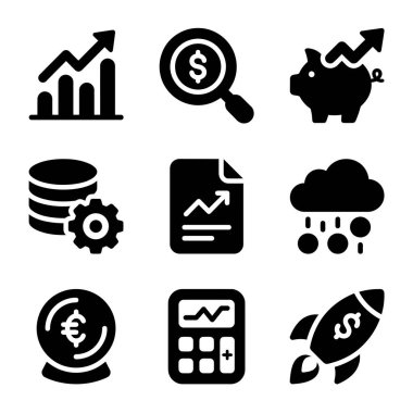 A collection of nine solid black glyph icons representing financial concepts like growth charts, investment, savings, reports, forecasting, and startups, isolated on a white background.