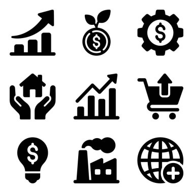 Mali büyüme, yatırım, endüstri, gayrimenkul, küresel ticaret ve satış artışı gibi kavramları temsil eden dokuz siyah beyaz vektör ikonundan oluşan bir koleksiyon.