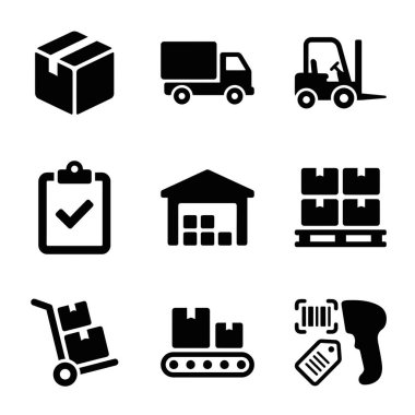 Lojistiğin çeşitli yönlerini temsil eden dokuz siyah simge koleksiyonu. Kutu, kamyon, forklift, kontrol listesi, depo, palet, el kamyonu, taşıma bandı ve barkod tarayıcısı da dahil..