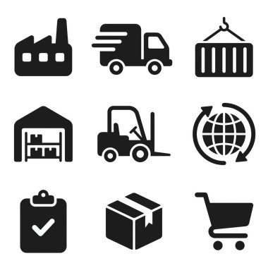Lojistiği, nakliyatı ve e-ticareti temsil eden dokuz simge. Fabrika, kamyon, konteynır, depo, forklift, küresel dağıtım, kontrol listesi, kutu ve el arabası sembolleri.