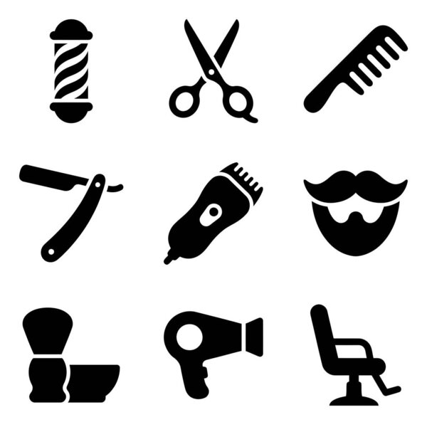 A vector graphic set of nine essential barbershop and hair salon icons. Includes tools for cutting, styling, and shaving, isolated on a white background.