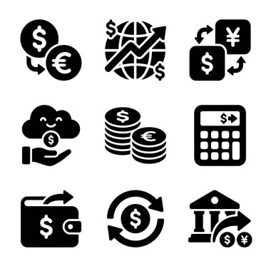 Küresel ekonomi, para transferi, çevrimiçi bankacılık, para birimi dönüşümü ve beyaz arka plana yatırım gibi finansal kavramları temsil eden siyah ve beyaz simgelerden oluşan bir koleksiyon..