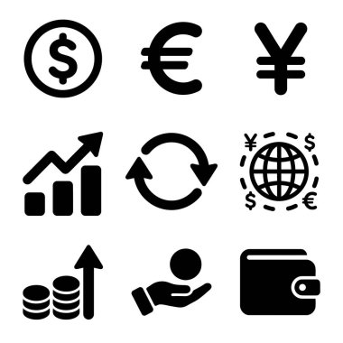 Finans, para ve ekonomiyi temsil eden dokuz adet siyah vektör ikonu. Dolar, avro, yen, büyüme grafiği, döviz, küresel ekonomi, tasarruf ve cüzdan sembollerini içerir.