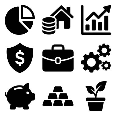 Tasarruf, büyüme, gayrimenkul, zenginlik ve iş portföyü gibi finansal kavramları temsil eden dokuz basit vektör ikonundan oluşan bir koleksiyon..