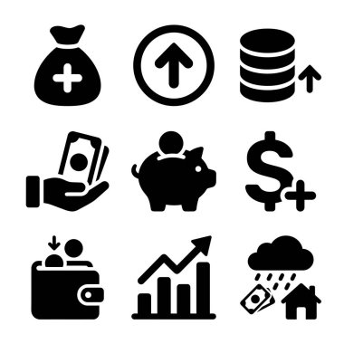A collection of nine black solid icons representing financial concepts like savings, investment, income, profit, and economic growth. Includes piggy bank, money bag, and chart symbols.