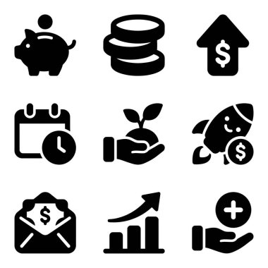 A collection of nine solid black icons representing financial concepts like saving, investment growth, profit, income, and long-term planning for business and personal finance.