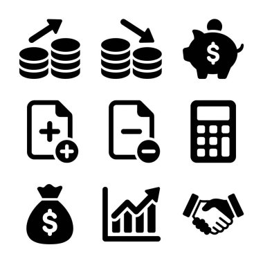 İş ve finansla ilgili dokuz sağlam siyah simge koleksiyonu. Para, tasarruf, hesaplama, büyüme ve anlaşmalar için semboller içerir. Finansal uygulamalar ve web siteleri için mükemmel.
