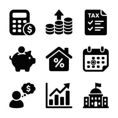 Tasarruf, vergi, yatırım, mortgage, büyüme ve hükümet bankacılığı gibi finansal kavramları temsil eden dokuz sağlam siyah simge koleksiyonu.