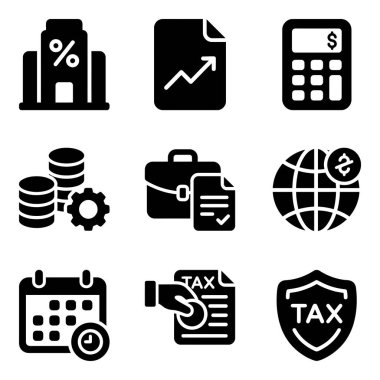 Bankacılık, raporlar, küresel ekonomi ve dijital kullanım için vergi doldurma da dahil olmak üzere iş, finans ve vergi kavramlarını temsil eden dokuz sağlam siyah simge koleksiyonu.