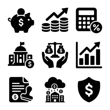 Tasarruf, yatırım, büyüme, güvenlik, bankacılık ve finansal teknoloji gibi finans kavramlarını temsil eden dokuz sembolden oluşan bir koleksiyon..