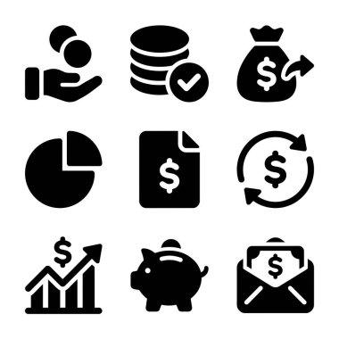 Finans, para ve bankacılık ile ilgili dokuz siyah simge koleksiyonu. Web ve mobil uygulamalar için tasarruf, yatırım, ödeme ve mali analiz sembolleri içerir.