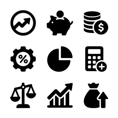 A collection of nine flat design icons representing financial concepts like savings, growth charts, money, calculator, and investment symbols on a white background.