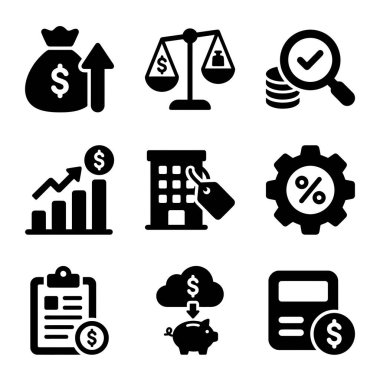 Kar, büyüme, denetim, gayrimenkul, faiz oranları, raporlar ve dijital bankacılık gibi çeşitli finansal ve iş kavramlarını temsil eden dokuz siyah katı ikondan oluşan bir koleksiyon.