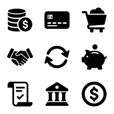Finans, bankacılık, alışveriş ve iş konseptlerini temsil eden dokuz siyah simge koleksiyonu. Para, kredi kartı, alışveriş arabası, el sıkışma, takas, domuz bankası, sözleşme ve banka binası gibi..