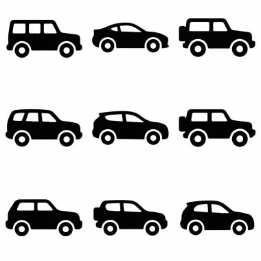 Dokuz otomobil siluetinin vektör grafik seti. Bu koleksiyon, tasarım kullanımı için izole edilmiş spor araçlar, sedan ve hatchback 'ler de dahil olmak üzere farklı araba gövde stillerini içerir..