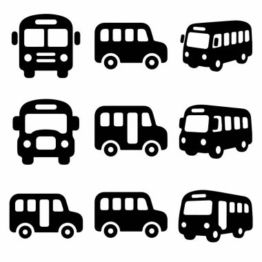 Dokuz izole otobüs vektör simgesinden oluşan bir koleksiyon. Bu set, web ve grafik tasarımı için mükemmel, önden, yandan ve izometrik perspektiflerden çeşitli basit otobüs siluetlerini içerir.