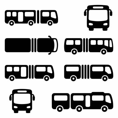 Eklemli ya da bükülmüş otobüsleri tasvir eden siyah siluet simgelerinden oluşan bir derleme. Set, ulaşım tasarımı için ön, yan, üst ve perspektif açıları gibi çeşitli görünümleri içerir..