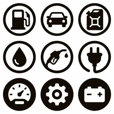Ulaşım ve enerji için dokuz basit siyah dairesel simge seti. Benzin pompası, araba, akü, elektrik prizi, yakıt başlığı, yağ damlası, gösterge ve dişli sembolleri içerir.