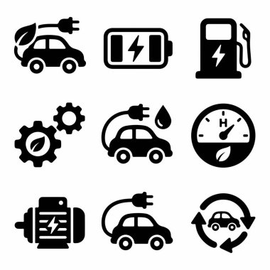 Elektrikli araçları, şarj istasyonlarını, pilleri, motorları ve sürdürülebilir taşımacılık için çevre dostu kavramları temsil eden vektör simgelerinin bir koleksiyonu.