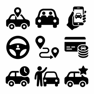 GPS konumu, mobil uygulama rezervasyonu, ödeme, rota ve sürücü derecesi de dahil olmak üzere çevrimiçi araba selamlama hizmetlerinin kavramlarını temsil eden koyu siyah simgelerin bir koleksiyonu.
