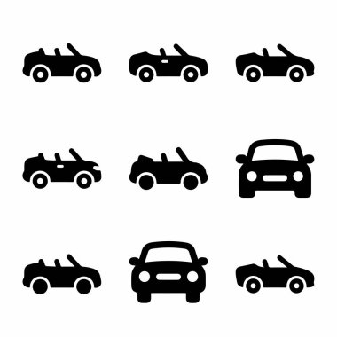Üstü açılabilir arabaları gösteren dokuz basit siyah vektör simgesinden oluşan bir koleksiyon. Set, beyaz bir arkaplanda izole edilmiş yan profil ve ön görünüm gibi çeşitli perspektifleri içerir..