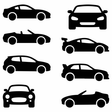 Coupe, üstü açılabilir, hatchback ve spor araba modelleri de dahil olmak üzere sekiz adet siyah araba ikonu. Tasarım ögeleri için beyaz bir arkaplanda izole edilmiş basit vektör siluetleri.