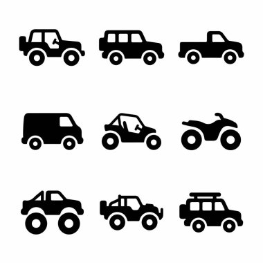 Jeep, SUV, kamyonet, kamyonet, ATV ve kum arabası gibi çeşitli off-road araçlarını temsil eden dokuz basit simge koleksiyonu. İzole vektör illüstrasyon seti.