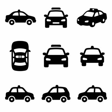 Dokuz basit siyah siluet taksi ikonu koleksiyonu. Simgeler aracı önden, yandan, üstten ve ulaşım tasarımı için perspektif görünümünden tasvir eder.