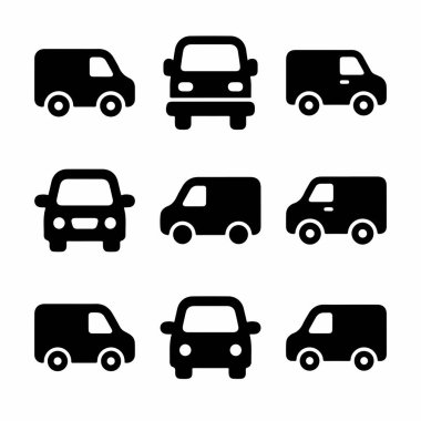 Bir teslimat aracının dokuz basit siyah siluet simgesi koleksiyonu. Set, taşımacılık veya lojistik tasarım için ön, yan ve üç çeyrek görünüm gibi çeşitli perspektifleri içerir..