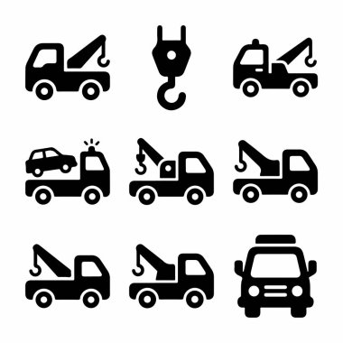 Çeşitli çekici kamyonları, hurdacıları ve yol kenarındaki yardım araçlarını temsil eden basit siyah beyaz vektör simgelerinden oluşan bir koleksiyon. Bir vinç kancası ve bir kamyon da dahil..