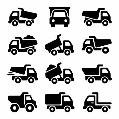 12 basit monokrom kamyon ikonundan oluşan bir koleksiyon. Bu set farklı pozisyon ve açılarda çeşitli damperli kamyonlar, nakliyeciler ve kamyonlar içerir, ulaşım ve endüstriyel tasarım için mükemmeldir..