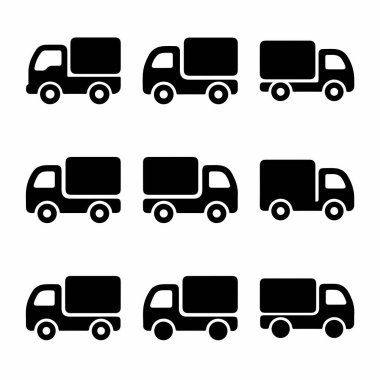 Teslimat kamyonları, kamyonlar ve minibüsleri temsil eden dokuz basit, düz siyah siluet simgesi koleksiyonu. Lojistik, nakliye ve ulaşım temaları için izole vektör grafikleri.