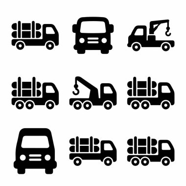 Basit bir siyah-beyaz vektör simgesi çeşitli kamyon türlerini gösteriyor. Ağaç kesme kamyonlarının yan görüntülerini, vinçli çekici araçlarını ve kamyonların ön görüntülerini içerir.