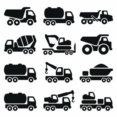 Çeşitli ağır araçları gösteren basit siyah beyaz vektör simgelerinden oluşan bir derleme. Çöp kamyonu, çimento karıştırıcı, vinç, kazıcı ve kamyon siluetlerini içerir.