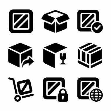 Paket taşıma, teslimat onayı, kırılgan öğeler ve küresel lojistik de dahil olmak üzere nakliyenin çeşitli yönlerini temsil eden dokuz siyah katı simgenin bir koleksiyonu..