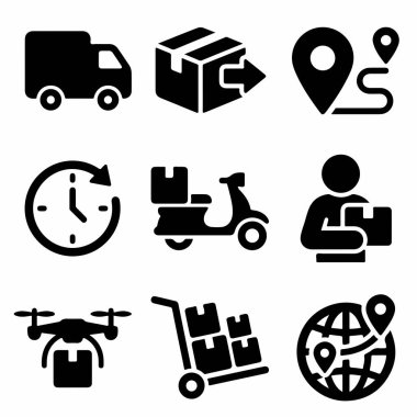 Kamyon, paket, rota, zaman, scooter, kurye, insansız hava aracı, tramvay ve küresel izleme de dahil olmak üzere nakliye ve lojistiği temsil eden dokuz siyah beyaz simge koleksiyonu.