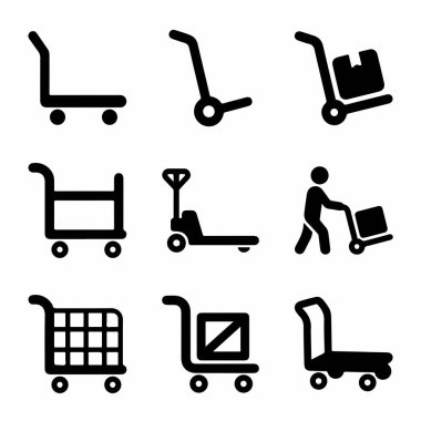 El kamyonları, platform bebekleri, palet krikoları ve alışveriş arabaları gibi farklı manüel işleme ekipmanlarını temsil eden dokuz basit siyah siluet simgesi koleksiyonu.