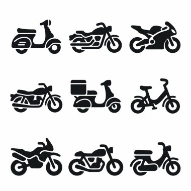 Grafik tasarımı için basit siyah vektör silueti olarak sunulan spor bisikletleri, klasik scooter 'lar, moped' ler ve dağıtım motosikletleri dahil olmak üzere iki tekerlekli araç ikonlarının çeşitli bir seti.