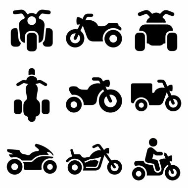 Spor motosikletleri, helikopterler, motorlar, motorsikletler, mobiletler ve farklı açılardan ATV 'ler de dahil olmak üzere çeşitli motosiklet tiplerini gösteren dokuz vektör sembol koleksiyonu..