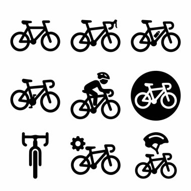 Dönüşümle ilgili dokuz basit siyah beyaz vektör sembolü seti. Koleksiyonda çeşitli bisiklet tipleri, hareket halindeki bir bisikletçi, gidon ve beyaz arka planda izole edilmiş kasklı bir bisiklet yer alıyor..