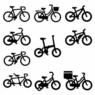 Yol, dağ, katlama, tandem, elektrik ve teslimat bisikletleri de dahil olmak üzere farklı bisiklet türlerini gösteren dokuz adet siyah vektör ikonu. Basit grafik tasarım ögeleri.