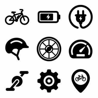 Bisiklet, pil, şarj tapası, kask, tekerlek, hız göstergesi, pedal, vites ve konum broşu da dahil olmak üzere dokuz katı siyah simge koleksiyonu.