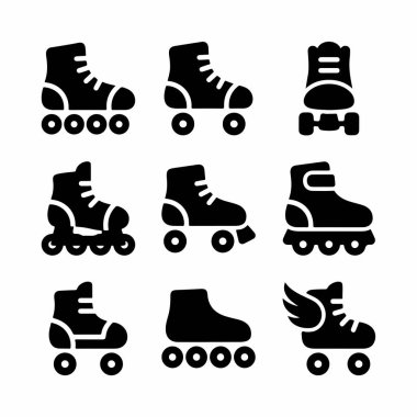 Dokuz farklı paten ve paten ikonu seti. Koleksiyonda, beyaz arka planda izole edilmiş basit bir siyah kabartma biçiminde sunulan dörtlü patenler ve dahili patenler de dahil olmak üzere çeşitli stiller yer almaktadır..