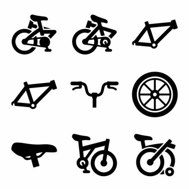 Çerçeve, tekerlek, gidon ve eyer gibi çeşitli bisiklet parçalarını temsil eden dokuz vektör ikonundan oluşan bir koleksiyon..