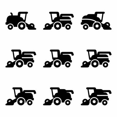 Dokuz siyah hasatçı kabartmasından oluşan bir koleksiyon. Tarımsal makineleri temsil eden basit, izole vektör simgeleri beyaz arka planda tarım ve hasat kavramları.