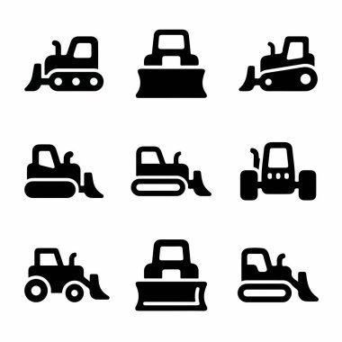 Çeşitli buldozer ve toprak taşıyıcı araçları temsil eden dokuz basit siyah siluet simgesi koleksiyonu. İnşaat ve endüstriyel tasarım elementleri için sağlam kabartma biçimi.