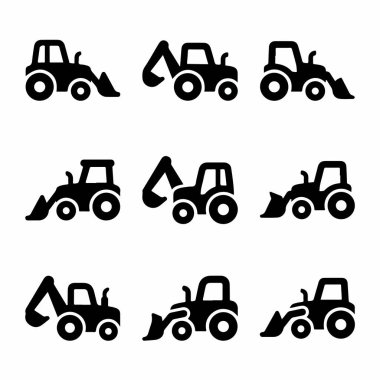 Ön yükleyiciler, buldozerler ve kazıcılar gibi çeşitli inşaat araçlarını temsil eden dokuz basit siyah siluet simgesi. Endüstriyel veya inşa temaları için izole vektör grafikleri.