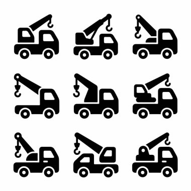 Dokuz basit, sağlam siyah çekici ikonundan oluşan bir koleksiyon. Her bir simge bir vinç ve kanca ile bir yıkıcı tasvir, araç çekme, kurtarma ve yol kenarı yardım hizmetleri temsil.