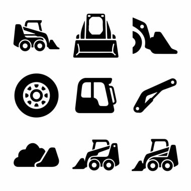 Patinaj dümeni yükleyicisini tasvir eden dokuz siyah ve beyaz vektör ikonundan oluşan bir koleksiyon. Kova tekerleği ve kabin gibi bileşenleri ve inşaat işlerinde kullanımı.