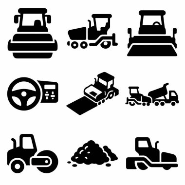 Yol silindirleri, asfalt kaldırımlar, damperli kamyonlar ve buldozerler de dahil olmak üzere çeşitli yol yapım araçlarını ve ekipmanlarını temsil eden siyah ve beyaz simgelerden oluşan bir koleksiyon..
